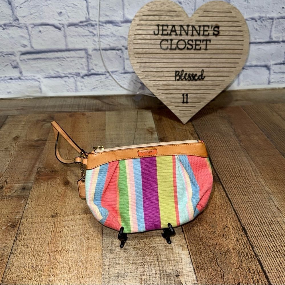 Vintage Mini Bag Multicolor Striped Needlepoint Leather Detail Wristlet